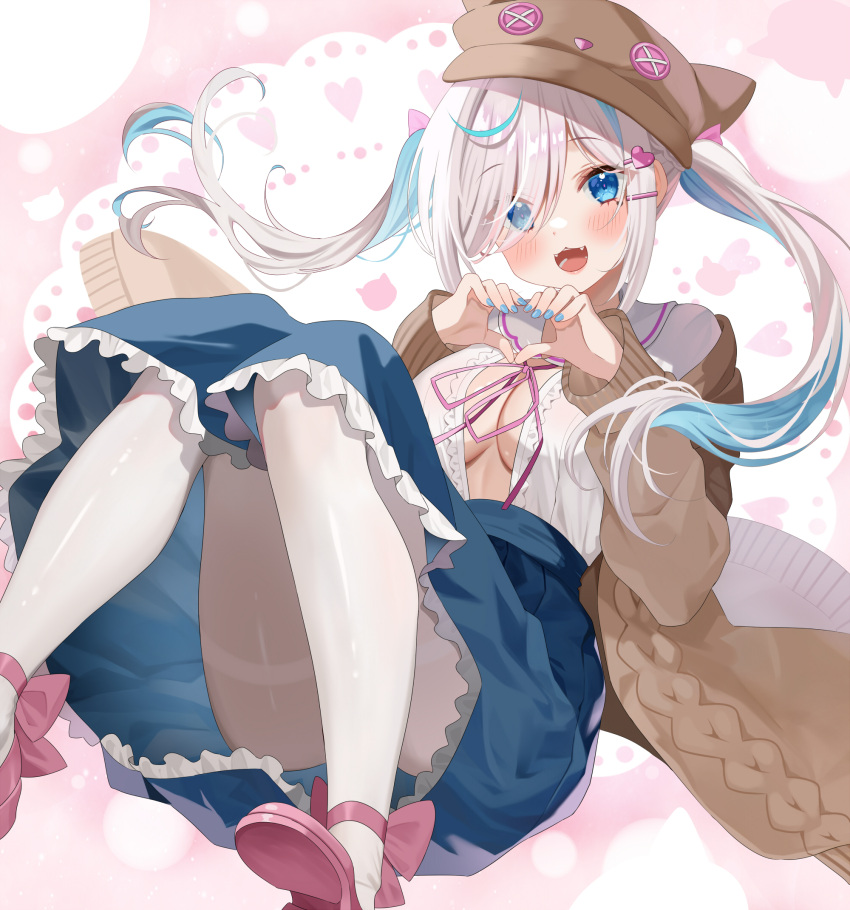 1girl animal_hat blue_hair blue_nails blue_skirt breasts brown_coat cat_hat center_frills cleavage coat commission eyes_visible_through_hair fangs frilled_skirt frills hair_ornament hairclip hat heart heart_hair_ornament heart_hands highres ilu_fluor indie_virtual_youtuber multicolored_hair open_clothes open_mouth open_shirt pantyhose pink_footwear pink_ribbon piyopoyo ribbon sailor_collar shirt skeb_commission skirt solo streaked_hair thighband_pantyhose twintails virtual_youtuber white_hair white_pantyhose white_sailor_collar white_shirt