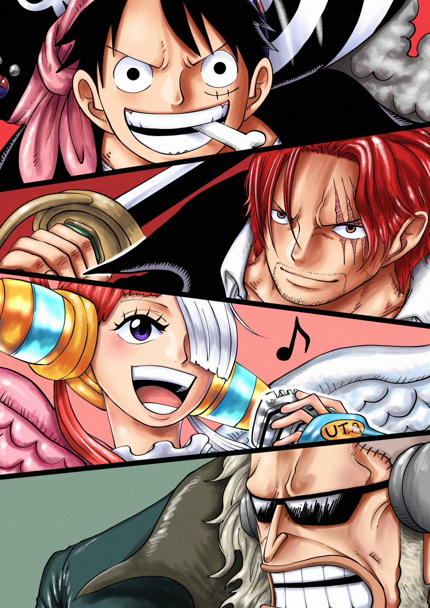 1girl 3boys absurdres black_cape black_hair cape closed_mouth facial_hair father_and_daughter gordon_(one_piece) grey_hair hair_over_one_eye hat headphones highres holding holding_sword holding_weapon long_hair monkey_d._luffy multicolored_hair multiple_boys musical_note one_eye_covered one_piece one_piece_film:_red pirate_hat purple_eyes red_hair riku_(rikuw223xx) scar scar_across_eye scar_on_cheek scar_on_face shanks_(one_piece) short_hair smile sunglasses sword teeth twintails two-tone_hair uta_(one_piece) weapon