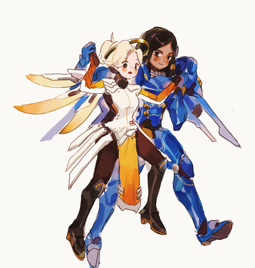 2girls black_bow black_footwear black_gloves blonde_hair blue_armor blue_footwear blush_stickers boots bow brown_eyes brown_hair commentary english_commentary food footwear_bow frown fruit full_body gloves gold_headwear halo highres holding_hands long_hair long_sleeves looking_at_another marking_on_cheek mecha mercy_(overwatch) multiple_girls musical_note_tattoo open_mouth orange_(fruit) orange_slice overwatch pharah_(overwatch) ponytail putong_xiao_gou robot shoes sneakers tan thigh_boots two-tone_sleeves white_armor white_background white_sleeves yuri