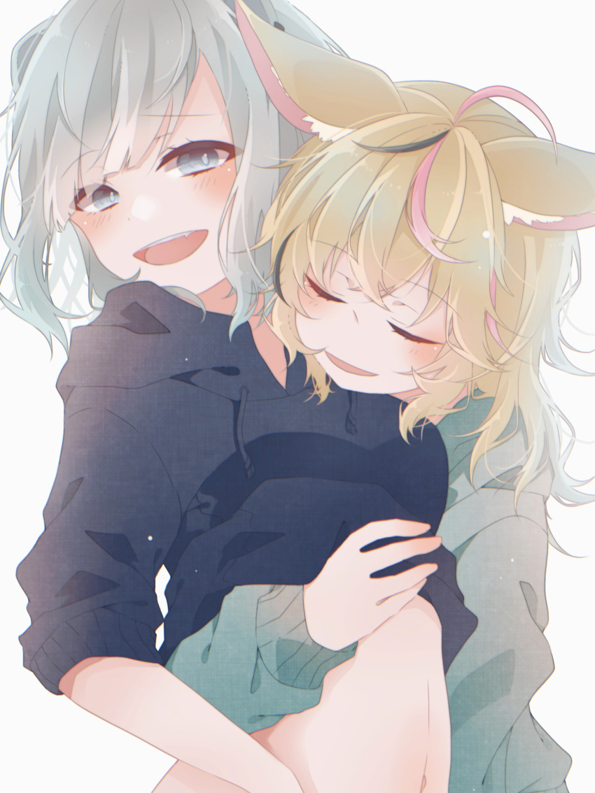 2girls absurdres animal_ears blonde_hair blush closed_eyes clothes_lift commentary_request drawstring fox_ears grey_eyes grey_hair highres hololive hood hood_down hoodie hoodie_lift lion_ears moko_nplb multiple_girls navel omaru_polka parted_lips shishiro_botan stomach teeth upper_teeth_only virtual_youtuber yuri