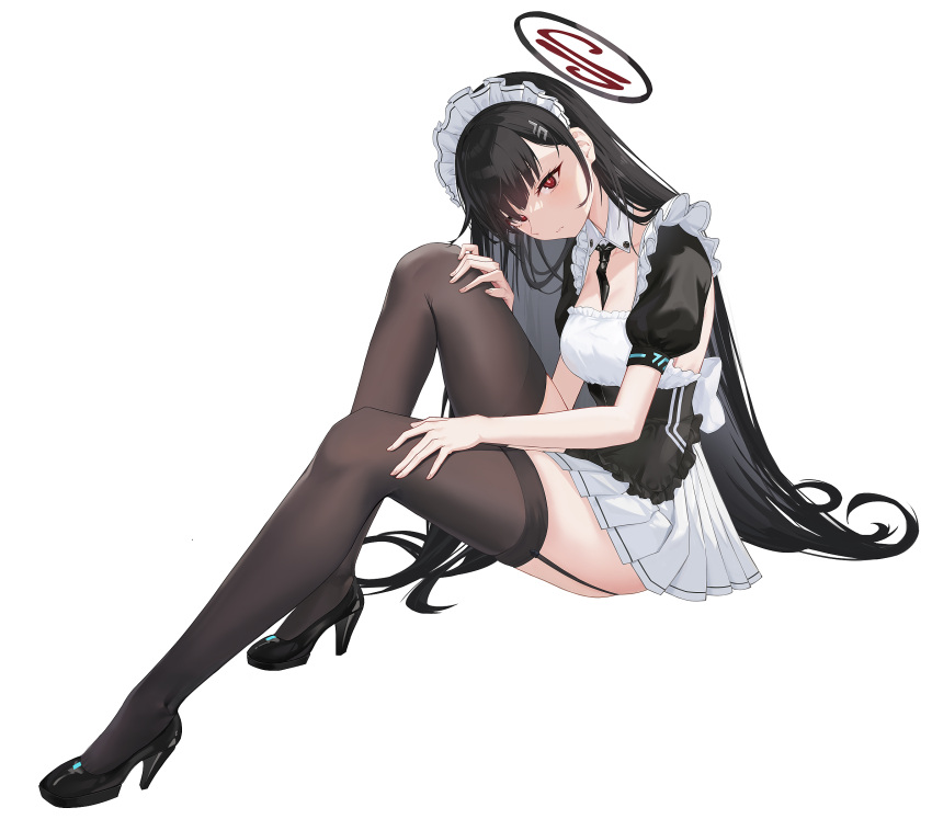 1girl alternate_costume black_footwear black_hair black_thighhighs blue_archive bsmycc enmaided hair_ornament hairpin halo high_heels highres legs long_hair long_legs maid maid_headdress pleated_skirt puffy_short_sleeves puffy_sleeves red_eyes rio_(blue_archive) short_sleeves simple_background skirt solo thighhighs white_background white_skirt