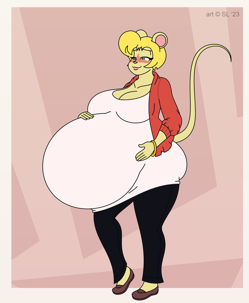 2023 anthro belly big_belly big_breasts blonde_hair blush bottomwear bracelet breasts clothed clothing digital_media_(artwork) dress female footwear green_eyes hair hands_on_belly hi_res jacket jewelry mammal mouse murid murine pants pregnant rodent satsumalord shoes solo tanya_(satsumalord) topwear