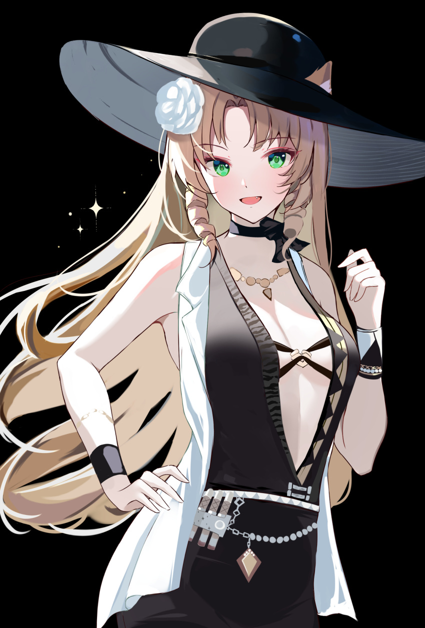 1girl :d absurdres animal_ear_fluff animal_ears arknights bare_shoulders black_background black_choker black_dress black_headwear breasts brown_hair choker commentary dress ears_through_headwear flower green_eyes hair_flower hair_ornament hand_on_own_hip hand_up highres jacket long_hair looking_at_viewer medium_breasts open_clothes open_jacket parted_bangs ringlets rose simple_background sleeveless sleeveless_jacket smile smurfshark solo swire_(arknights) swire_the_elegant_wit_(arknights) tiger_ears very_long_hair white_flower white_jacket white_rose