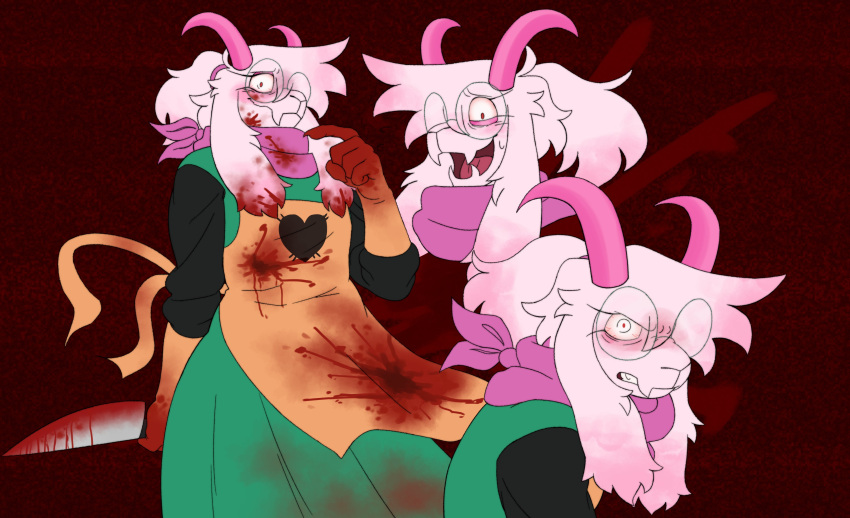 2_horns absurd_res alnoodle angry anthro apron blood blood_on_clothing blood_on_face blood_on_weapon bloodshot_eyes bodily_fluids bovid caprine clenched_teeth clothed clothing deltarune eyewear floppy_ears fully_clothed fur glasses goat gore hi_res holding_knife holding_object horn insane knife laugh looking_at_viewer male mammal mouth_closed open_mouth pink_scarf ralsei robe round_glasses scarf snout solo teeth tongue undertale_(series) weapon white_body white_fur