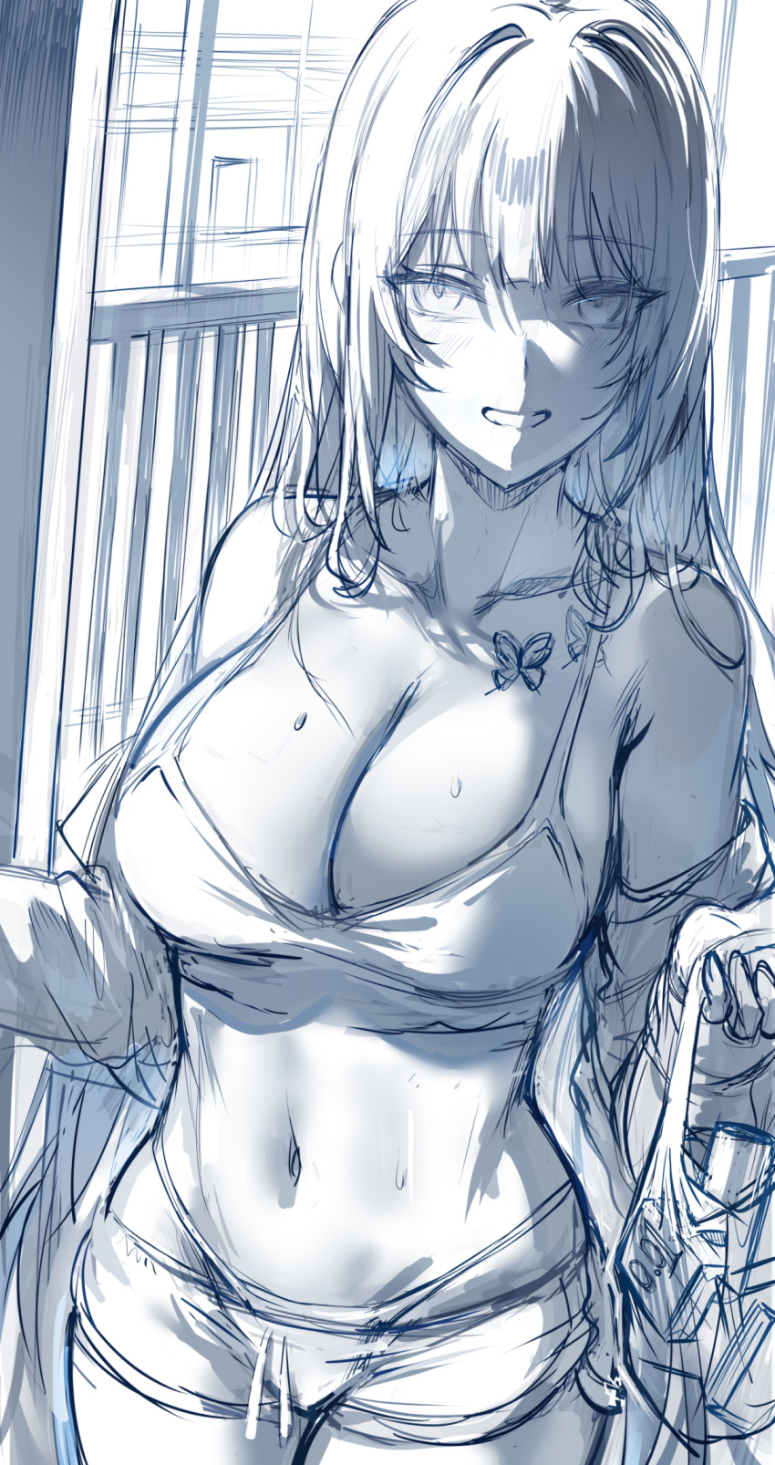 1girl bikini blunt_bangs borrowed_character breast_tattoo breasts butterfly_tattoo cleavage collarbone commentary greyscale hews highres large_breasts long_hair looking_at_viewer monochrome navel original short_shorts shorts sketch smile solo sweat swimsuit tattoo yuna_(biya_(1024))