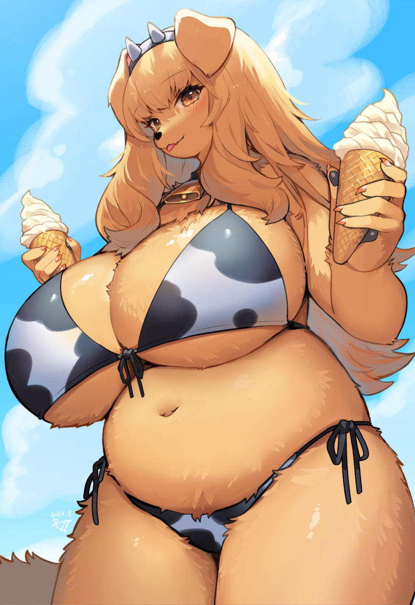 1girl :p animal_hands animal_print bell bikini blonde_hair blue_sky body_fur breasts cloud commentary_request cow_horns cow_print cowbell day fake_horns fingernails food furry furry_female highres holding holding_food holding_ice_cream horns huge_breasts ice_cream ice_cream_cone kishibe long_hair looking_at_viewer navel neck_bell orange_eyes orange_fur original outdoors plump print_bikini side-tie_bikini_bottom sky solo swimsuit tongue tongue_out white_bikini