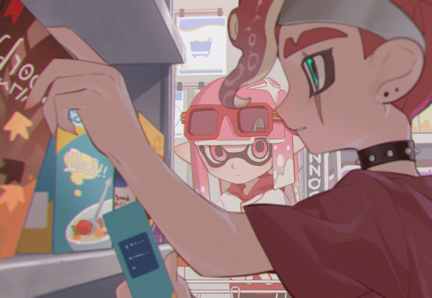 1boy 1girl black_choker blunt_bangs blush box choker closed_mouth commentary_request earrings eyewear_on_head green_eyes hand_up highres holding holding_box hood hood_down hoodie indoors inkling inkling_girl jersey jewelry long_hair looking_at_another mohawk namazuoku octoling octoling_boy parted_lips pink_eyes pink_hair pointy_ears profile red_hair red_hoodie red_shirt scar scar_across_eye shelf shirt shopping shopping_cart short_hair short_sleeves sidelocks sign spiked_choker spikes splatoon_(series) stud_earrings suction_cups sunglasses t-shirt tentacle_hair upper_body