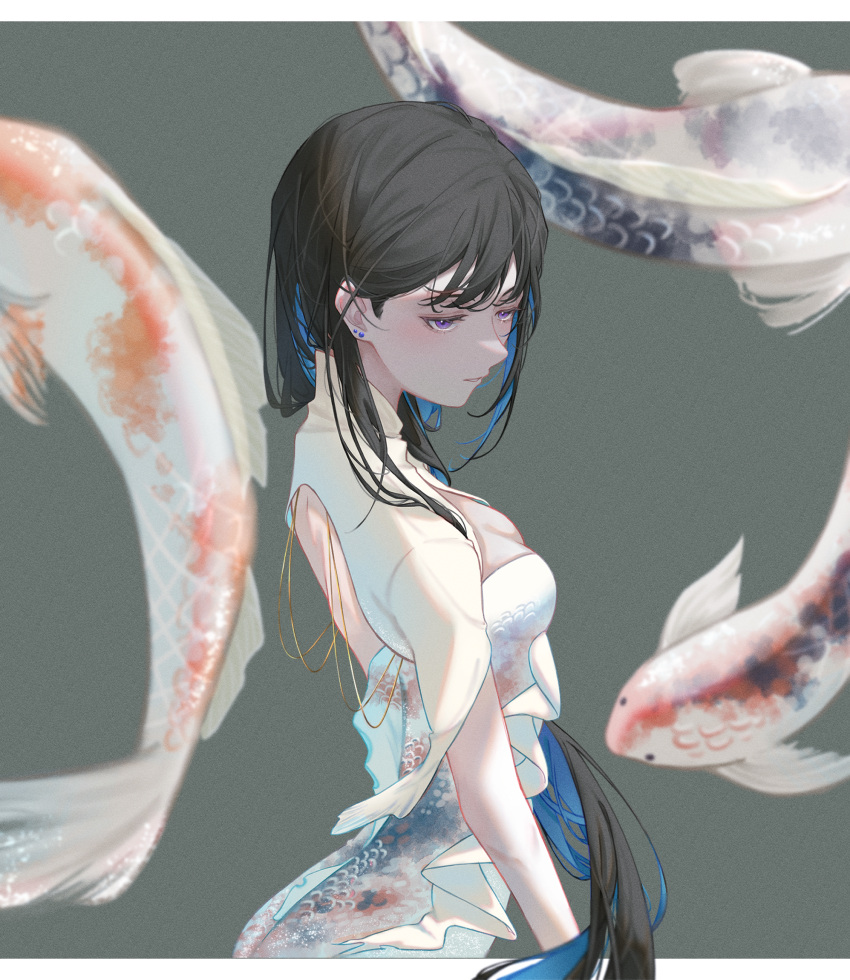 1girl backless_dress backless_outfit black_hair blue_hair breasts cleavage colored_inner_hair dress earrings fish highres jewelry koi lazel_1057 multicolored_hair parted_lips punishing:_gray_raven purple_eyes selena_(punishing:_gray_raven) small_breasts white_dress