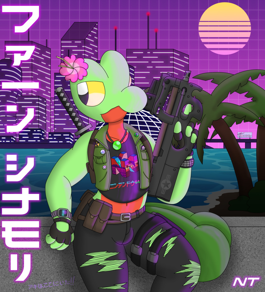 anthro beach belly bottomwear bracelet city city_background cityscape clock clothed clothing crop_top denim denim_clothing fern_shinamori fingerless_gloves generation_3_pokemon gloves graffiti graphic_tee green_body gun handwear head_flower hi_res holding_gun holding_object holding_weapon holster japanese_text jeans jewelry katakana katana leaning_on_object leaning_on_wall male melee_weapon multi_tail necklace ninjatreecko nintendo nintendo_64 open_clothing open_topwear open_vest outside palm_tree pants plant pokemon pokemon_(species) pokemorph ranged_weapon red_belly reptile scalie seaside shirt smile solo standing submachine_gun sun sword synthwave tail tank_top text topwear torn_bottomwear torn_clothing torn_jeans torn_pants tree treecko trigger_discipline vaporwave vest watch water weapon weapon_on_back yellow_eyes