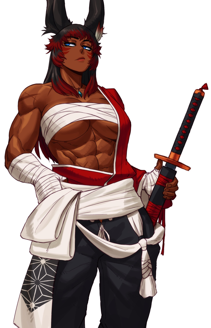 1girl abs absurdres animal_ears bandaged_arm bandages black_hair black_pants blue_eyes breasts chest_sarashi cleavage dark-skinned_female dark_skin eliri final_fantasy final_fantasy_xiv highres holding holding_sword holding_weapon japanese_clothes jewelry katana long_hair looking_to_the_side muscular muscular_female narrowed_eyes necklace pants rabbit_ears rabbit_girl sarashi scar_on_shoulder simple_background single_bare_shoulder solo sotcho sword underboob viera weapon white_background
