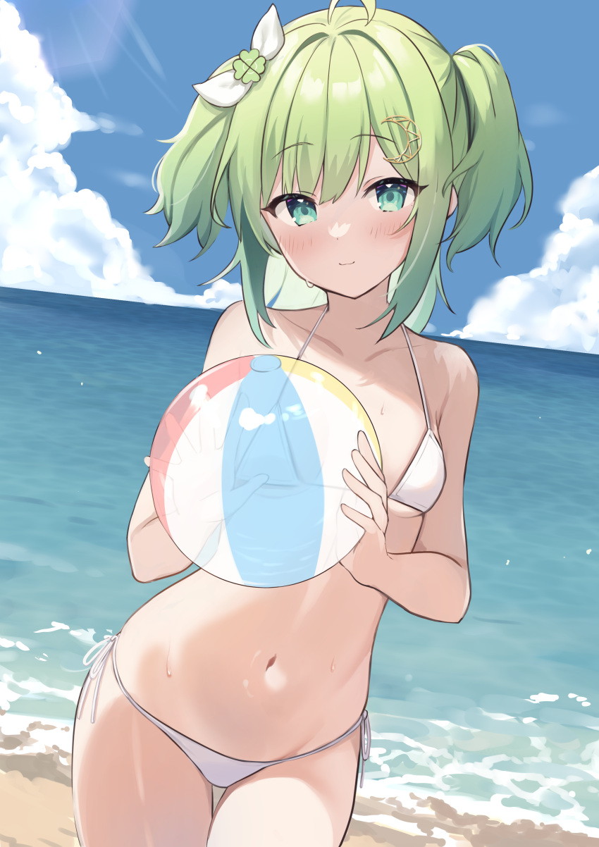 1girl absurdres ahoge ball beach beachball bikini blush breasts closed_mouth cloud clover collarbone commission cowboy_shot day four-leaf_clover green_eyes green_hair hair_ornament hazuki_ryoku highres holding holding_ball indie_virtual_youtuber looking_at_viewer medium_hair navel ocean okiq outdoors short_twintails side-tie_bikini_bottom skeb_commission sky small_breasts solo swimsuit twintails virtual_youtuber water white_bikini