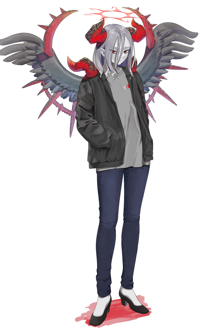 1girl absurdres alternate_costume black_pants commentary condemned_darklord contemporary demon_horns duel_monster fallen_angel feathered_wings full_body grey_hair grey_shirt grey_wings hair_between_eyes halo high_heels highres horns jacket lmn9911 pants pointy_ears pumps red_eyes red_halo shirt socks solo white_socks wings yu-gi-oh!