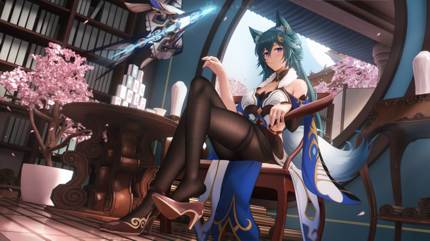 1girl animal_ears aqua_hair architecture bare_shoulders black_pantyhose blue_sky blush breasts chair cherry_blossoms crossed_legs east_asian_architecture feet fox_ears fox_girl fox_tail full_body hair_between_eyes high_heels highres honkai:_star_rail honkai_(series) indoors large_breasts legs ling_dianxia long_hair looking_at_viewer mahjong mahjong_tile medium_breasts pantyhose plant potted_plant purple_eyes shoe_dangle sitting skindentation sky solo table tail waist_cutout yukong_(honkai:_star_rail)