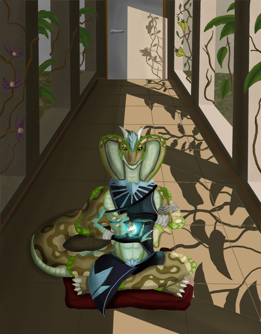 akryloth anthro athletic building clothed clothing crossed_legs evening hi_res horn inside magic male meditating modern partially_clothed reptile scalie snake snake_hood solo spots spotted_body tropical yellow_body