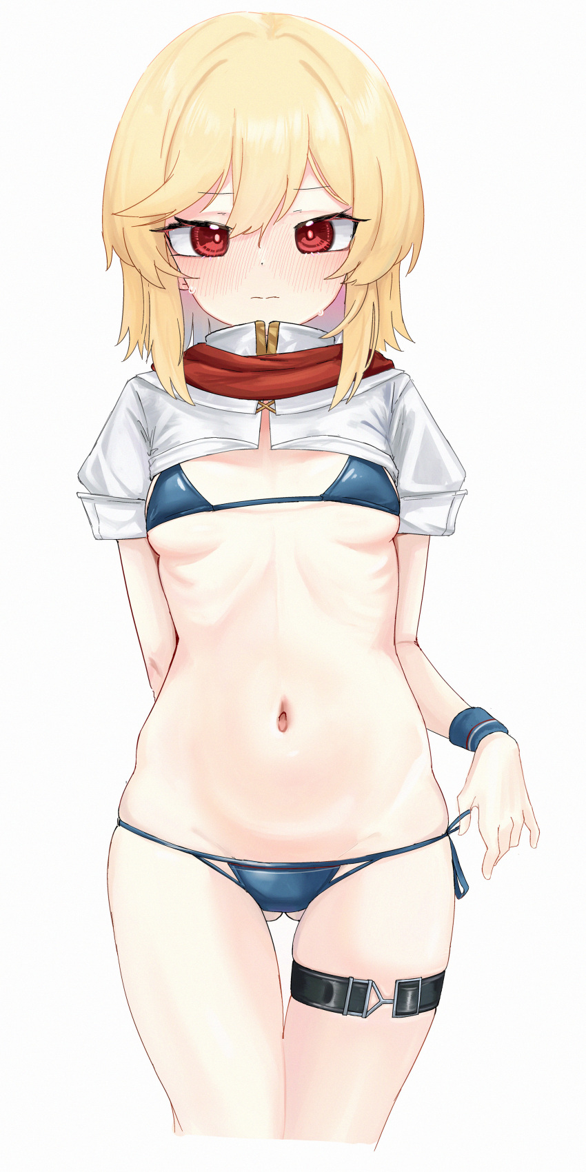 1girl absurdres arm_behind_back ass_visible_through_thighs bikini blonde_hair blue_bikini blue_wrist_cuffs blush breasts closed_mouth girls'_frontline girls'_frontline_2:_exilium hair_between_eyes highres light_leave nagant_revolver_(girls'_frontline) navel petite red_eyes red_scarf ribs scarf side-tie_bikini_bottom simple_background skindentation small_breasts solo stomach sweat swimsuit thigh_strap white_background wrist_cuffs