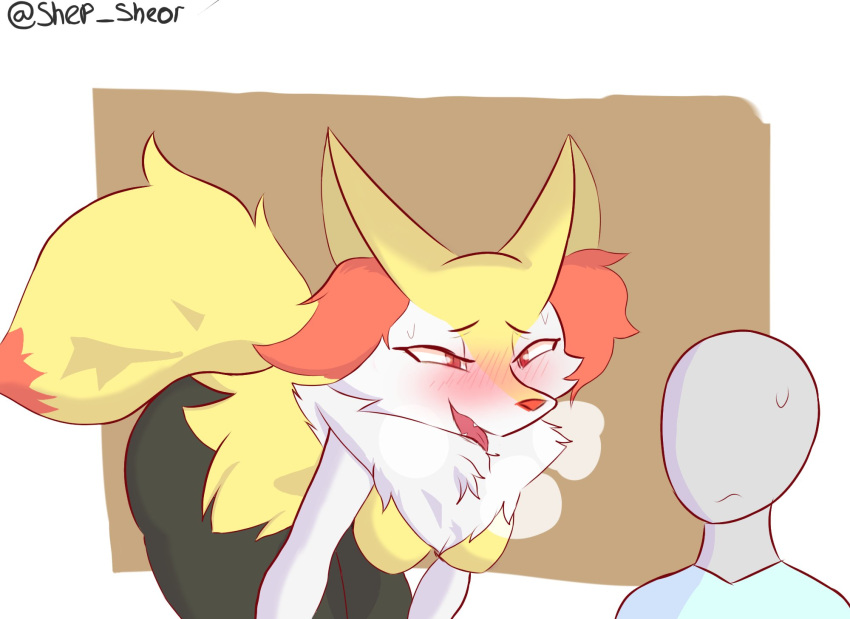 anthro black_body black_fur blush bodily_fluids braixen breasts butt canid duo female fur generation_6_pokemon hair hi_res human humanoid inner_ear_fluff male male/female mammal nintendo pokemon pokemon_(species) red_hair sheor sweat tuft white_body yellow_body yellow_fur