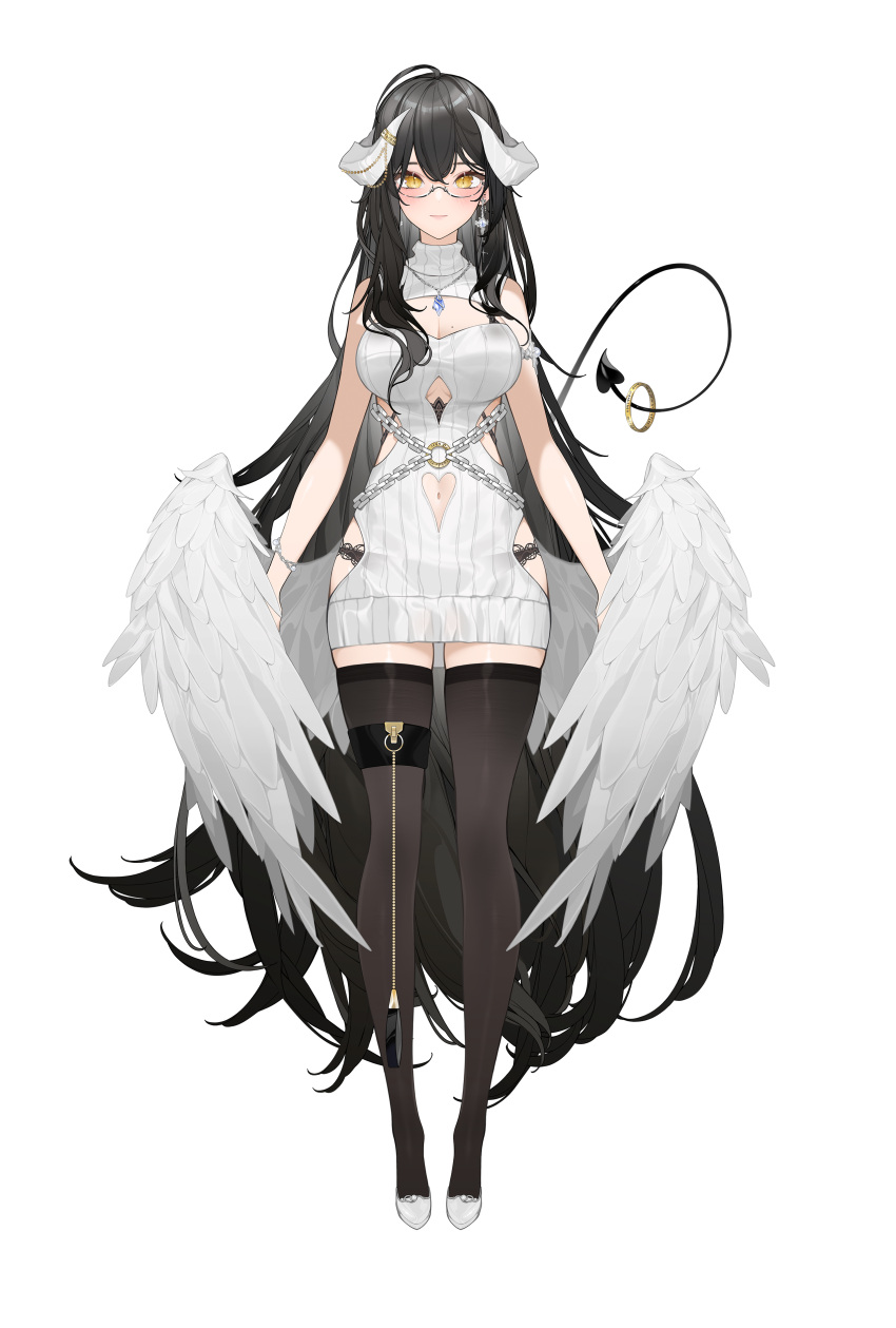 1girl absurdres ahoge angel_wings bare_arms bare_shoulders black-framed_eyewear black_hair black_panties black_tail black_thighhighs blush bra_strap bracelet breasts chain_belt cleavage cleavage_cutout closed_mouth clothing_cutout crystal_necklace demon_girl demon_horns demon_tail dress earrings feathered_wings full_body glasses hair_between_eyes hair_over_shoulder heart_cutout highres horn_ornament horns jewelry lace-trimmed_panties lace_trim large_breasts light_smile long_hair looking_at_viewer low_wings meme_attire mole mole_on_breast momozawa_miyu navel navel_cutout necklace official_art panties ribbed_sweater semi-rimless_eyewear short_dress side_cutout sleeveless sleeveless_dress sleeveless_sweater slit_pupils solo standing stardust_project sweater sweater_dress tachi-e tail tail_ornament tail_ring thigh_strap thighhighs transparent_background turtleneck turtleneck_dress turtleneck_sweater underboob underboob_cutout underwear very_long_hair virgin_killer_sweater virtual_youtuber white_dress white_footwear white_horns white_sweater white_wings wings yellow_eyes zettai_ryouiki