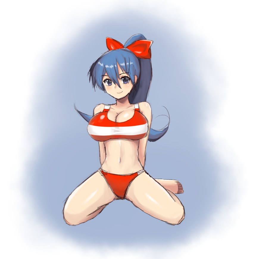 1girl bare_legs barefoot blue_hair bow breasts commentary english_commentary hair_bow highres konikotaka long_hair looking_at_viewer navel red_bow solo the_office