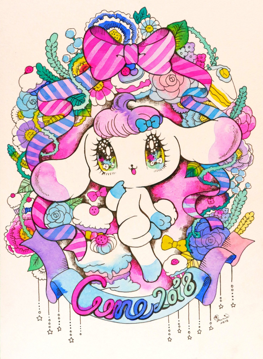 2018 accessory alien anthro bangs big_eyes big_head bow_ribbon chibi cune_(peropero_sparkles) cupcake ear_markings eyelashes female flower food fruit fur glistening glistening_eyes gloves_(marking) hair hair_accessory hair_bow hair_ribbon hi_res icing kemono lagomorph leaf leg_markings leporid mammal markings multicolored_eyes nude official_art open_mouth open_smile paws peropero_sparkles pink_hair plant pose rabbit rainbow_eyes ribbons rose_(flower) scut_tail short_tail smile socks_(marking) solo star strawberry tail traditional_media_(artwork) vines white_body white_fur yurie_sekiya