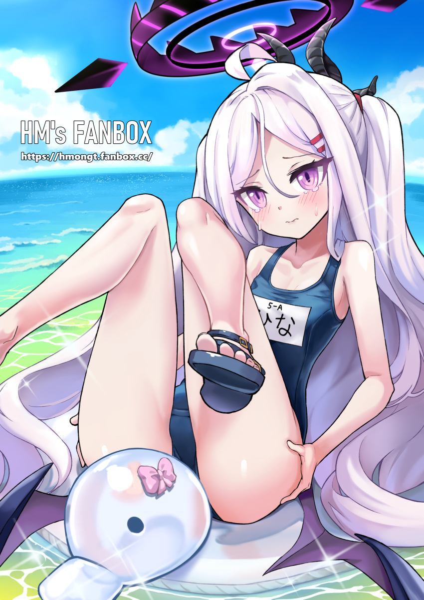 1girl afloat ahoge ass blue_archive blue_sky blurry blush cloud cloudy_sky collarbone commentary demon_girl demon_horns demon_wings depth_of_field english_commentary fanbox_username frown hair_between_eyes hair_ornament hairclip halo head_tilt highres hina_(blue_archive) hina_(swimsuit)_(blue_archive) hm_(hmongt) horns innertube knees_together_feet_apart knees_up long_hair looking_at_viewer name_tag ocean official_alternate_costume official_alternate_hairstyle old_school_swimsuit one_side_up outdoors parted_bangs purple_eyes sandals school_swimsuit sidelocks sky sleeveless solo swimsuit tearing_clothes torn_clothes wavy_hair web_address white_hair wings