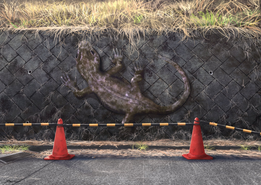 camouflage commentary drain_(object) fracoco grass highres lizard no_humans original outdoors retaining_wall scenery signature traffic_cone