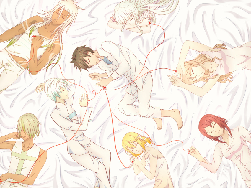 4boys 4girls alisha_diphda barefoot blanket closed_eyes dark_skin dezel_(tales) edna_(tales) english_commentary highres kumano_san lailah_(tales) long_hair long_sleeves mikleo_(tales) multiple_boys multiple_girls pajamas rose_(tales) short_hair sleeveless sorey_(tales) string string_of_fate tales_of_(series) tales_of_zestiria toenails toes