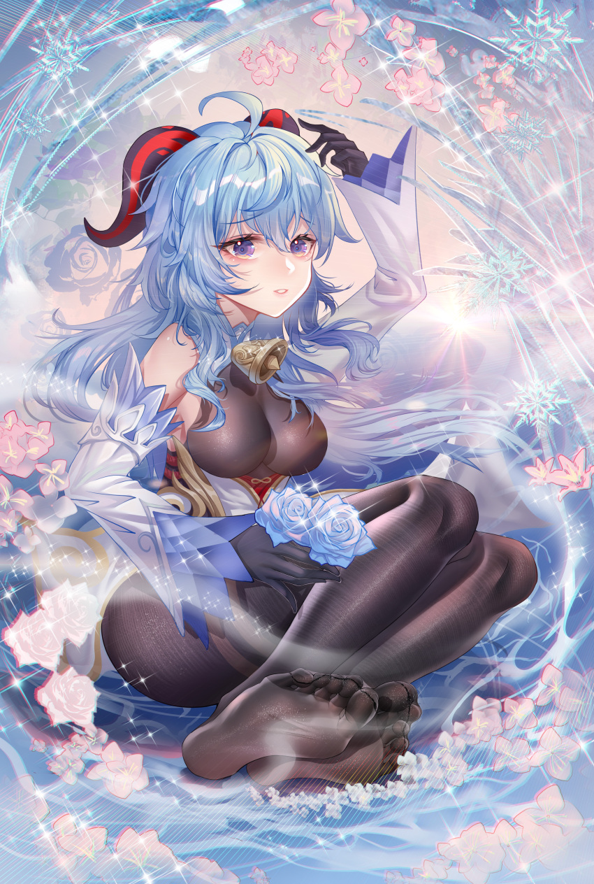 1girl absurdres ahoge arm_up bare_shoulders bell black_pantyhose blue_flower blue_hair blush breasts detached_sleeves feet fine_fabric_emphasis flower ganyu_(genshin_impact) genshin_impact gold_trim highres horns light_smile long_hair looking_at_viewer medium_breasts neck_bell no_shoes pantyhose parted_lips pink_flower purple_eyes shiny_clothes sidelocks sitting snowflakes soles solo thighlet thighs toes white_sleeves yue_(pkdn5828)