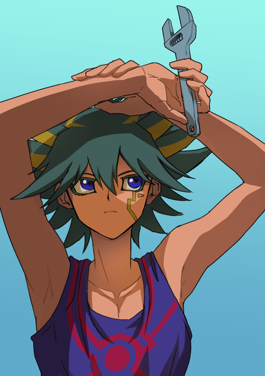 1boy absurdres armpits arms_up black_hair blue_background blue_eyes blue_tank_top facial_mark facial_tattoo fudou_yuusei gradient_background hand_on_own_wrist highres holding holding_tool holding_wrench looking_up male_focus marking_on_cheek multicolored_hair short_hair simple_background sleeveless solo spiked_hair streaked_hair tank_top tattoo upper_body wrench youko-shima yu-gi-oh! yu-gi-oh!_5d's