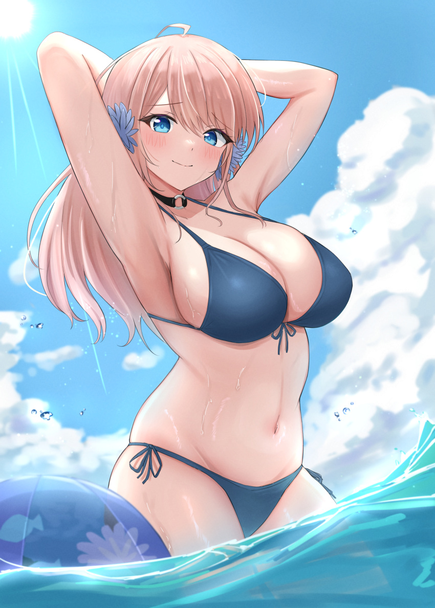 1girl absurdres armpits arms_up ball beachball bikini blonde_hair blue_bikini blue_eyes blue_sky breasts choker cleavage closed_mouth cloud day flower front-tie_bikini_top front-tie_top hair_flower hair_ornament highres large_breasts long_hair looking_at_viewer o-ring o-ring_choker original outdoors side-tie_bikini_bottom sky smile solo soul_(dp11) sun swimsuit wading water wet