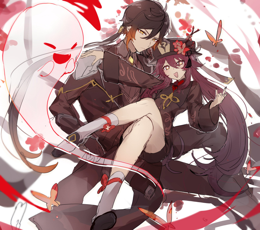 1boy 1girl absurdres black_gloves black_hair black_nails black_pants black_shorts boo_tao_(genshin_impact) brown_hair bug butterfly closed_mouth coat crossed_legs flower flower-shaped_pupils genshin_impact gloves gradient_hair hair_between_eyes hat highres hu_tao_(genshin_impact) long_hair long_sleeves looking_at_viewer low_twintails multicolored_hair nail_polish open_mouth orange_eyes pants ponytail red_flower red_hair room_rem shoes shorts socks symbol-shaped_pupils tassel twintails very_long_hair white_socks zhongli_(genshin_impact)