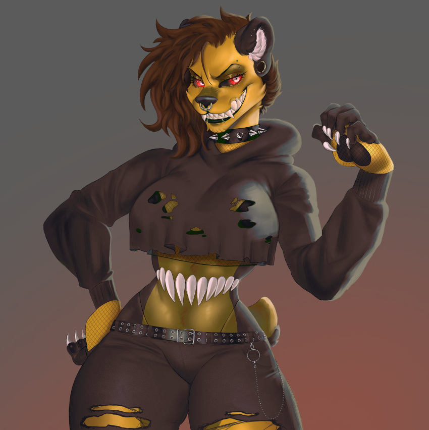 belt bra brown_hair claws clothing collar crossgender ear_piercing ear_ring female five_nights_at_freddy's five_nights_at_freddy's_4 hair hi_res hoodie nightmare_fredbear_(fnaf) piercing raised_arm red_eyes ring_piercing ruinh00d scottgames solo spiked_collar spikes suggestive thick_thighs topwear torn_clothing underwear we_can_do_it!