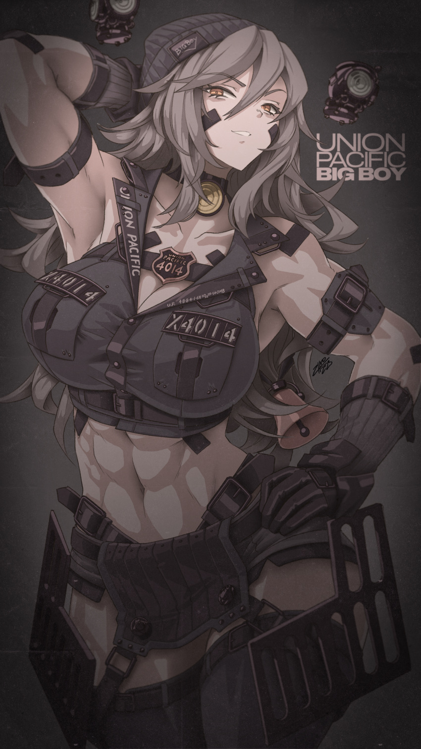 1girl abs absurdres arm_strap arm_up bell belt belt_buckle breasts brown_hair buckle color_filter commission crop_top gloves hand_on_own_hip highres large_breasts long_hair looking_at_viewer muscular muscular_female navel orange_eyes original short_shorts shorts signature solo thighhighs zhvo