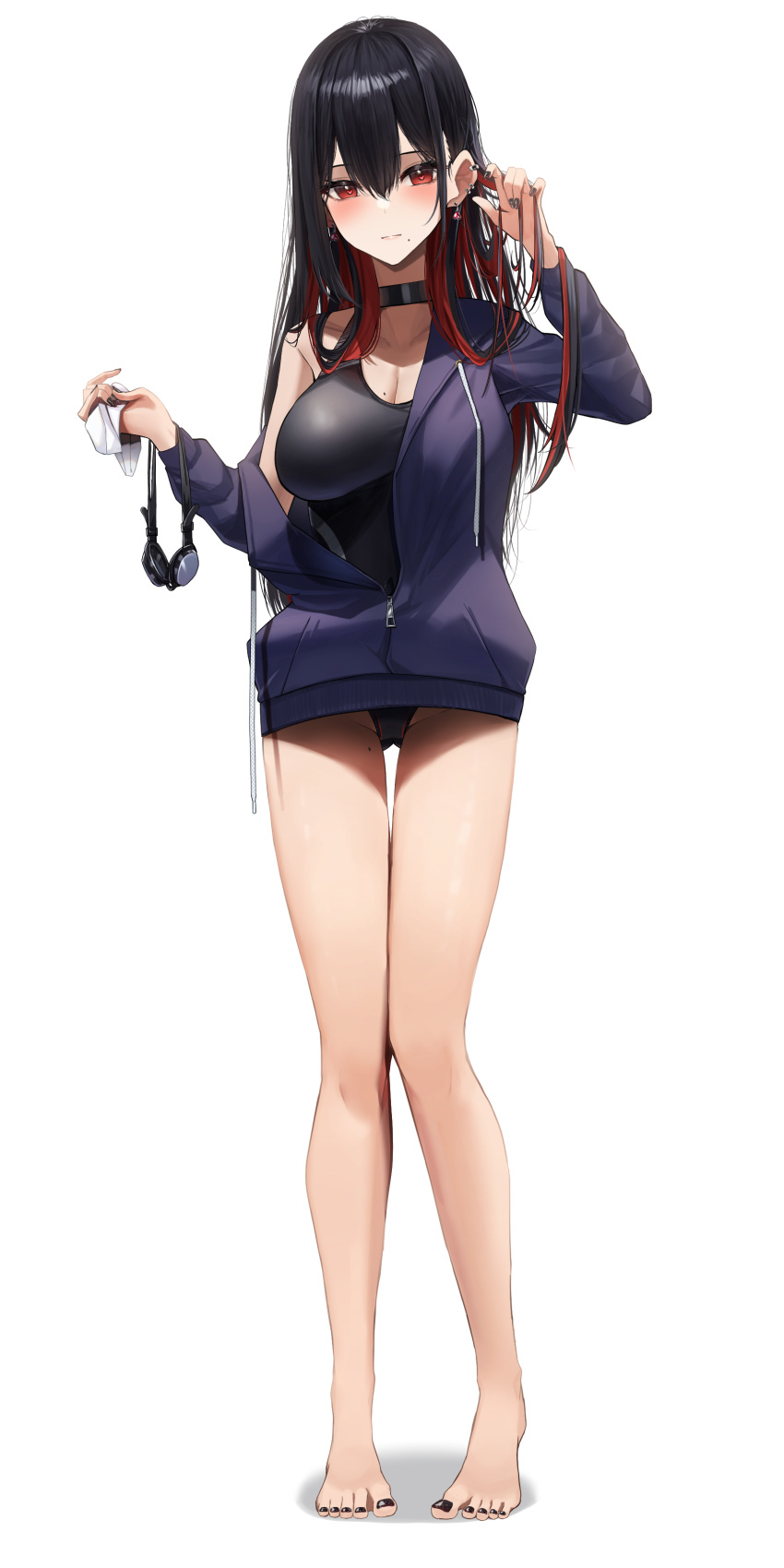 1girl absurdres amane_sora barefoot black_choker black_hair black_nails black_one-piece_swimsuit blue_jacket blush breasts choker colored_inner_hair commentary_request competition_swimsuit drawstring earclip earrings feet fingernails full_body goggles hair_between_eyes hand_in_own_hair highres jacket jewelry large_breasts long_hair long_sleeves looking_at_viewer mole mole_on_breast mole_under_mouth multicolored_hair nail_polish off_shoulder one-piece_swimsuit original red_hair simple_background solo standing swimsuit thigh_gap toenail_polish toenails toes track_jacket two-tone_hair white_background zipper_pull_tab