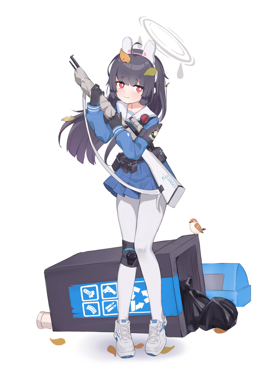 1girl absurdres animal_ears bird black_gloves blue_archive blue_serafuku blue_shirt blue_skirt bolt_action bright_pupils choibts closed_mouth fake_animal_ears full_body gloves gun halo highres holding holding_gun holding_weapon knee_pads leaf leaf_on_head long_sleeves looking_at_viewer miyu_(blue_archive) mosin-nagant pantyhose pink_eyes pleated_skirt pouch rabbit_ears recycle_bin rifle sailor_collar school_uniform serafuku shirt shoes simple_background single_knee_pad skirt sneakers sniper_rifle solo trash_bag weapon white_background white_footwear white_pantyhose white_pupils white_sailor_collar