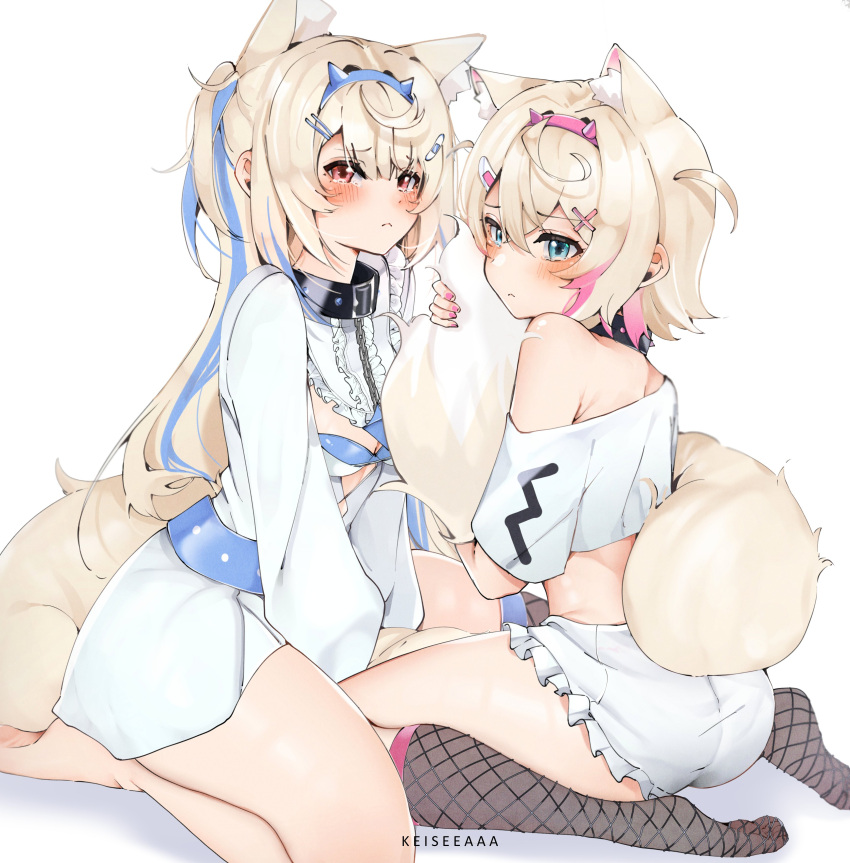 2girls :&lt; absurdres animal_ear_fluff animal_ears artist_name ass bandaid_hair_ornament belt belt_collar black_collar blonde_hair blue_belt blue_hair blue_hairband blush center_frills chain chain_leash cleavage_cutout clothing_cutout collar commentary dog_ears dog_girl dog_tail dot_nose dress english_commentary fishnet_socks fishnets frilled_shorts frills from_behind fuwawa_abyssgard hair_ornament hairband hairclip highres hololive hololive_english keisea leash long_sleeves looking_at_viewer looking_back midriff mococo_abyssgard multicolored_hair multiple_girls off_shoulder pink_eyes pink_hair puffy_long_sleeves puffy_sleeves shirt short_hair short_shorts shorts siblings simple_background single_off_shoulder sitting socks streaked_hair tail tearing_up twins twitter_username wariza white_background white_dress white_shirt white_shorts