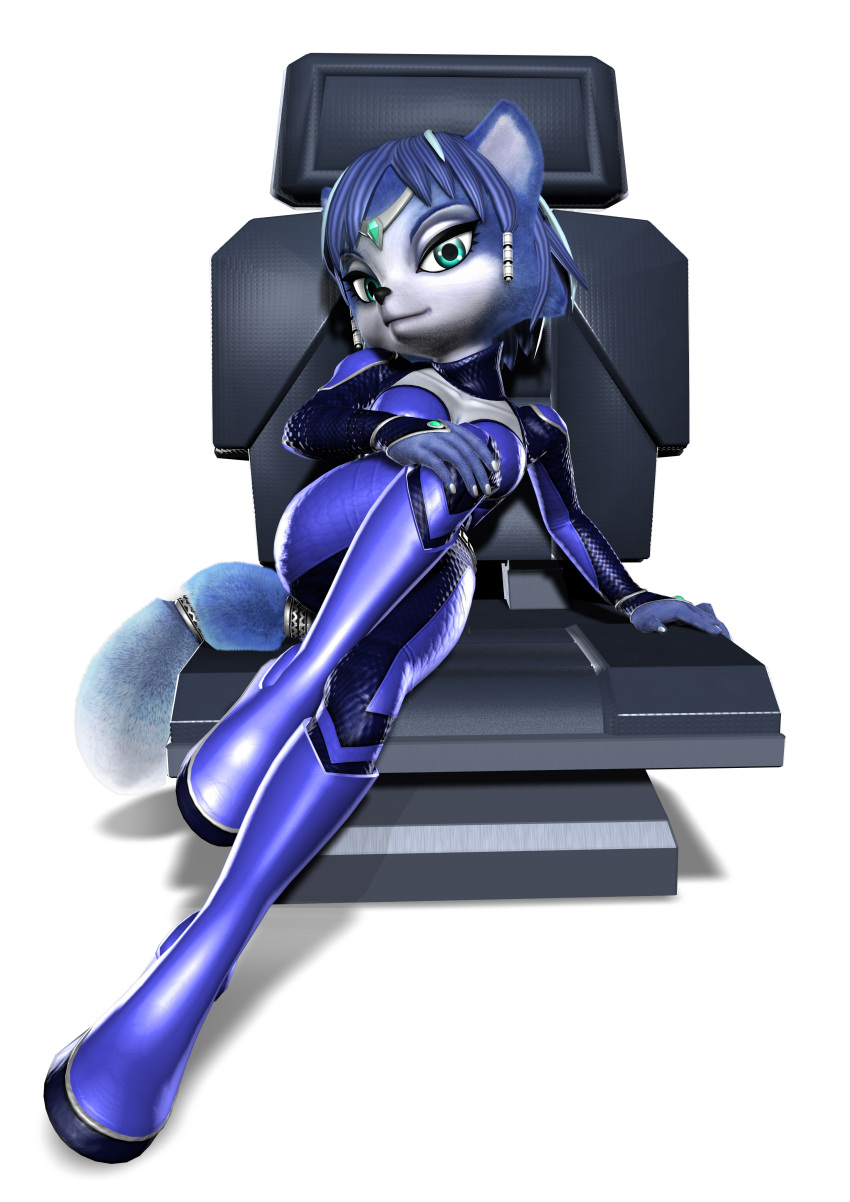 2005 absurd_res accessory anthro blue_body blue_eyes blue_fur blue_hair canid canine female flight_suit fox fur furgonomics hair hi_res krystal mammal nintendo official_art pinup pose seductive simple_background solo star_fox starfox_assault tail tail_accessory tailband unknown_artist white_background white_body white_fur