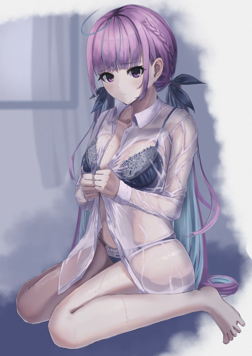 1girl absurdres ahoge barefoot black_bra black_panties blue_hair blue_ribbon blunt_bangs bra braid breasts closed_mouth collarbone french_braid full_body hair_ribbon highres hololive hotmilk_ina_mug indoors lace-trimmed_bra lace-trimmed_panties lace_trim large_breasts long_hair long_sleeves looking_at_viewer minato_aqua multicolored_hair open_clothes open_shirt panties purple_eyes purple_hair ribbon see-through shirt sitting solo streaked_hair toes twintails unbuttoned underwear very_long_hair virtual_youtuber wariza wet wet_clothes wet_shirt white_shirt
