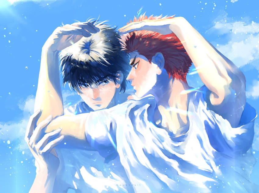 2boys bishounen black_eyes black_hair blue_sky closed_mouth cloud couple eye_contact hand_on_another's_arm hands_up highres looking_at_another male_focus multiple_boys owenduil red_hair rukawa_kaede sakuragi_hanamichi shirt short_hair sky slam_dunk_(series) toned toned_male upper_body white_shirt yaoi