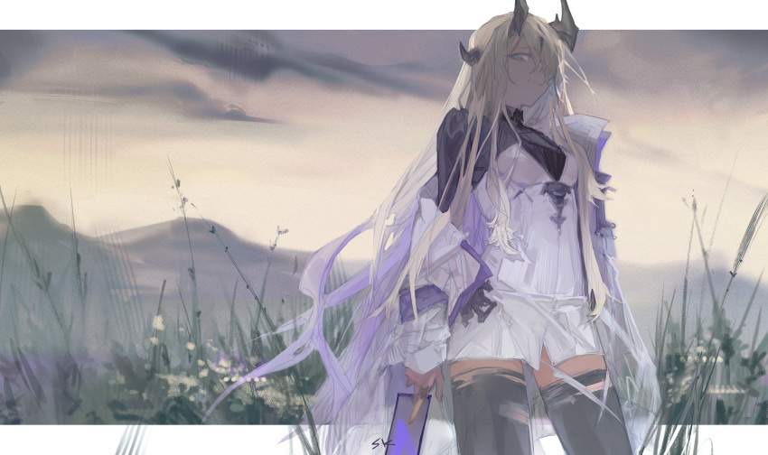 1girl absurdres arknights black_dress black_thighhighs blonde_hair card commentary dragon_girl dragon_horns dress eblana_(arknights) english_commentary facial_mark forehead_mark highres holding holding_card horns letterboxed long_hair long_sleeves mountainous_horizon outdoors playing_card purple_eyes reeds sidelocks sk0000112 sky solo thighhighs torn_clothes torn_thighhighs two-tone_dress white_dress yellow_sky