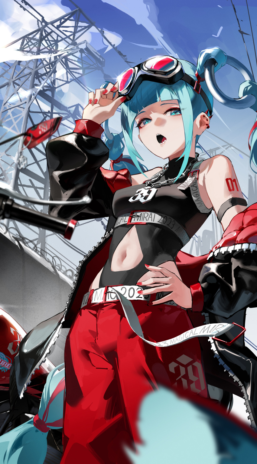 1girl 39 absurdres aqua_eyes aqua_hair bodysuit braid clothing_cutout commentary cowboy_shot detached_hair down_jacket goggles goggles_on_head hand_on_own_hip hatsune_miku highres jacket jacket_partially_removed jiu_ye_sang long_hair looking_at_viewer magical_mirai_(vocaloid) magical_mirai_miku magical_mirai_miku_(2023) navel navel_cutout number_tattoo off_shoulder open_mouth pants red_pants ring_hair_ornament sidelocks sleeveless sleeveless_bodysuit solo spiked_ear_piercing tattoo teeth two-tone_nails urban_style very_long_hair vocaloid