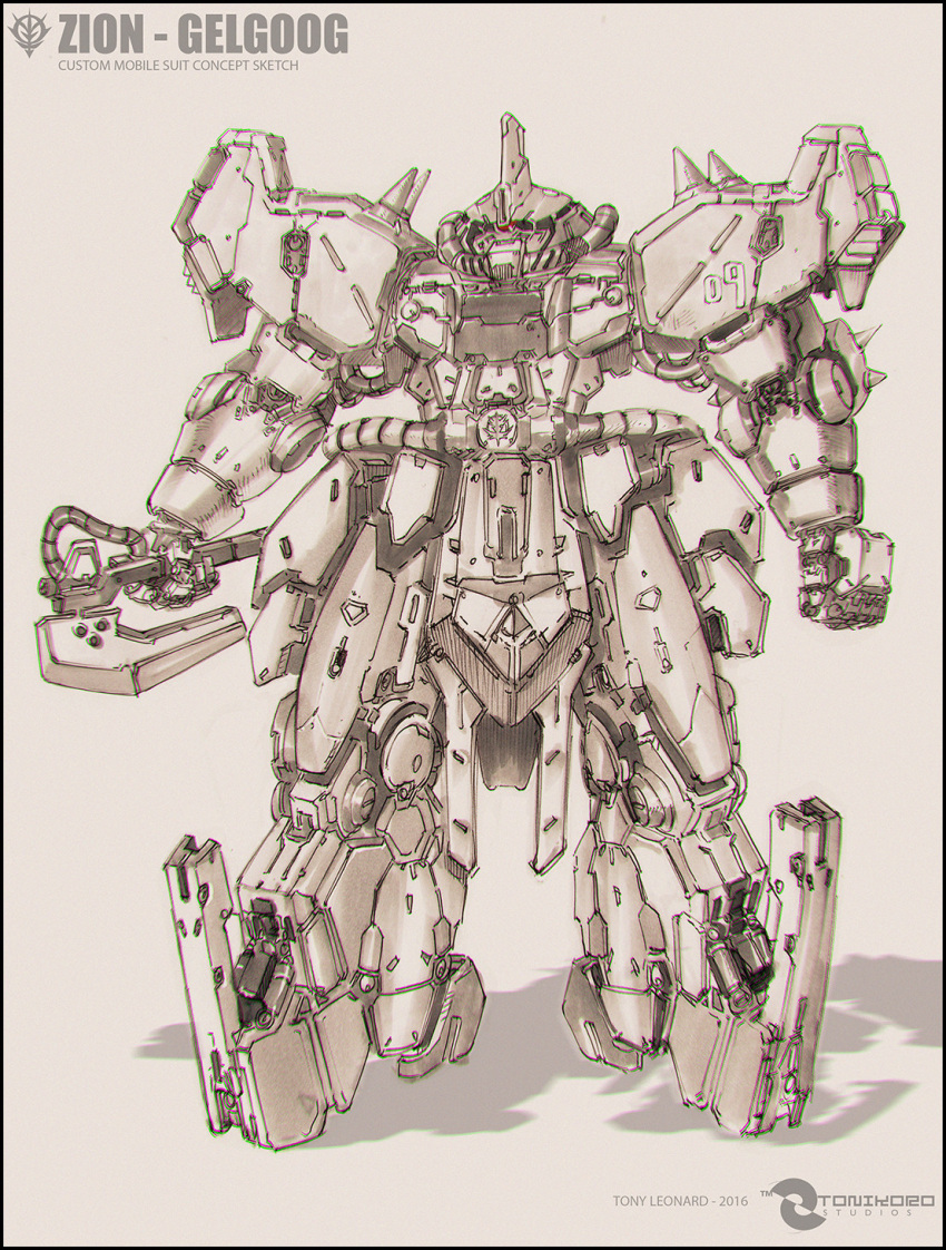 cable character_name concept_art english_commentary english_text engrish_text gelgoog gundam heat_hawk highres hose logo machinery mecha mobile_suit mobile_suit_gundam monochrome no_humans one-eyed ranguage redesign robot roundel scan science_fiction shadow sketch tonikoro traditional_media tube zeon