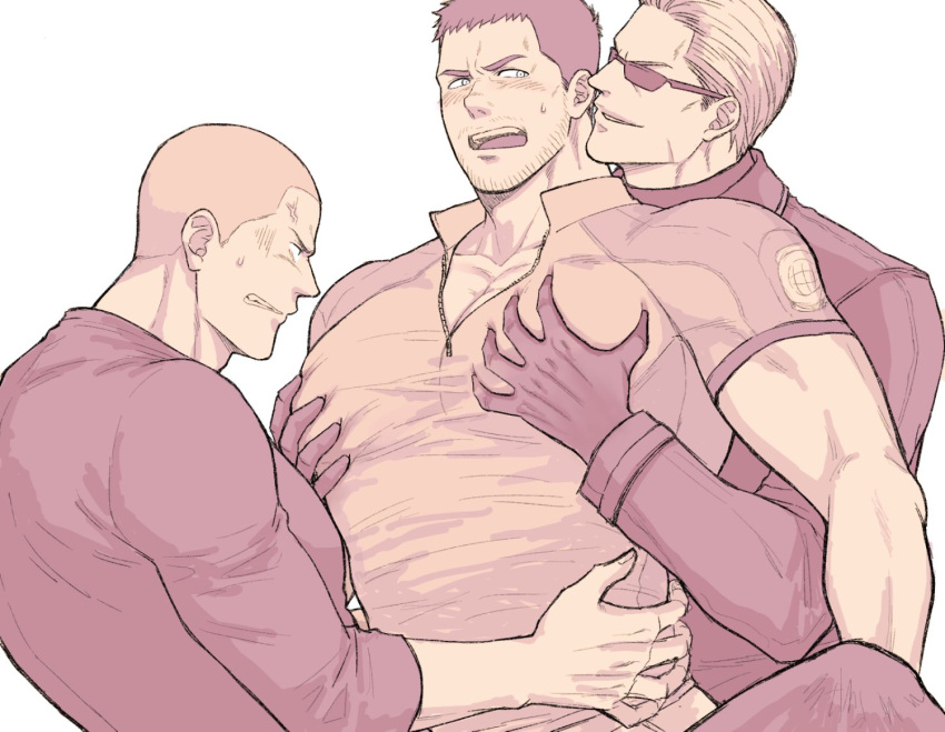 3boys albert_wesker anger_vein bara blush chris_redfield clenched_teeth facial_hair father_and_son gloves grabbing grabbing_from_behind jacket jake_muller large_pectorals looking_at_another male_focus multiple_boys muscular muscular_male open_mouth pectoral_grab pectorals resident_evil resident_evil_5 resident_evil_6 shirt short_hair smile sunglasses teeth upper_body very_short_hair yaoi you_mama_n
