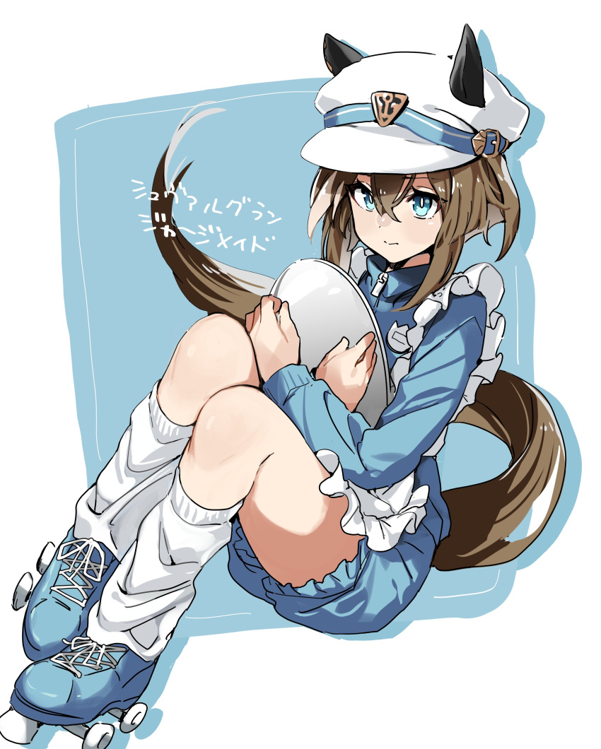 1girl absurdres animal_ears apron blue_eyes blue_shorts brown_hair cheval_grand_(umamusume) hat hat_belt highres holding holding_tray horse_ears horse_girl horse_tail iris_league jersey_maid long_sleeves looking_at_viewer loose_socks maid multicolored_hair name_tag object_hug roller_skates short_hair shorts sitting skates socks solo streaked_hair tail translation_request tray umamusume unconventional_maid waist_apron white_headwear