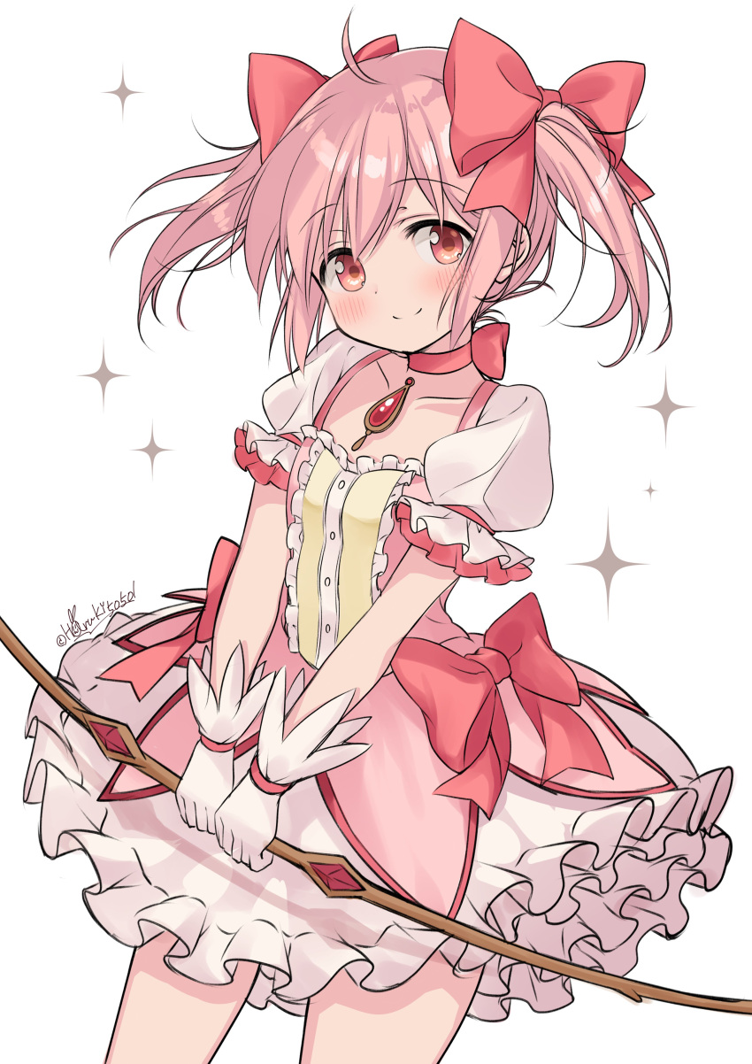1girl absurdres artist_name bow dress gloves hair_bow haruki_(colorful_macaron) highres kaname_madoka looking_at_viewer mahou_shoujo_madoka_magica pink_bow pink_dress pink_eyes pink_hair short_hair smile solo sparkle thighs white_background white_gloves