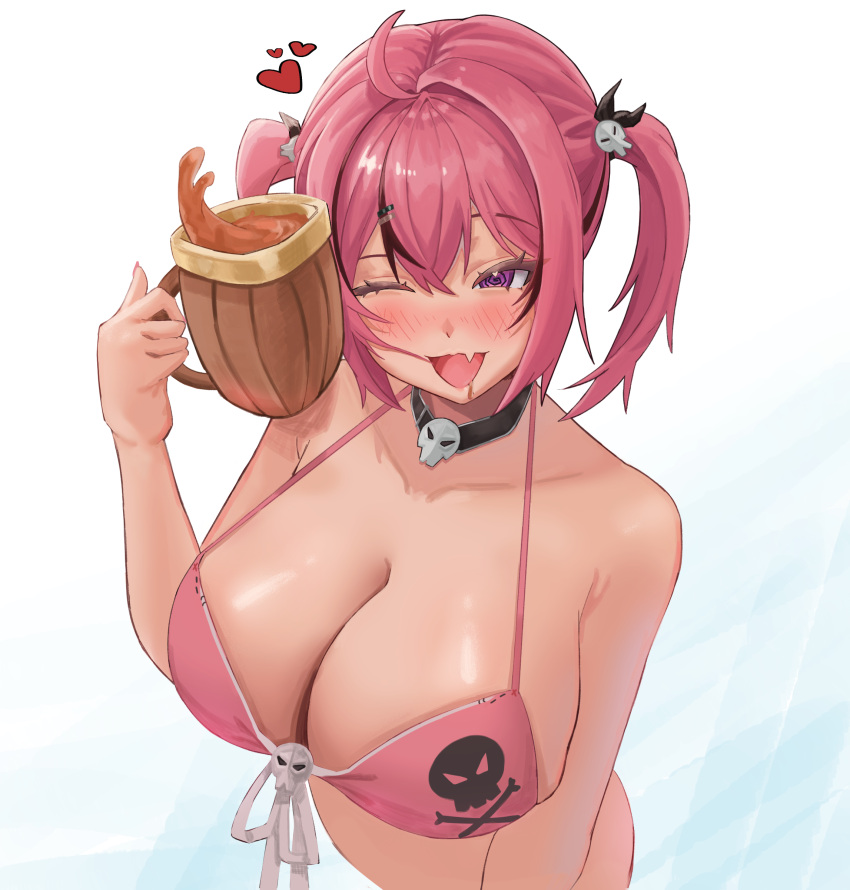 1girl absurdres ahoge bikini black_choker bluepaint blush breasts choker cleavage collarbone cropped_torso cup fang goddess_of_victory:_nikke hair_intakes hair_ornament heart highres huge_breasts mast_(nikke) mug multicolored_hair open_mouth pink_bikini pink_hair simple_background skin_fang skull_choker skull_hair_ornament skull_ornament skull_print smile solo streaked_hair swimsuit twintails two-tone_hair white_background