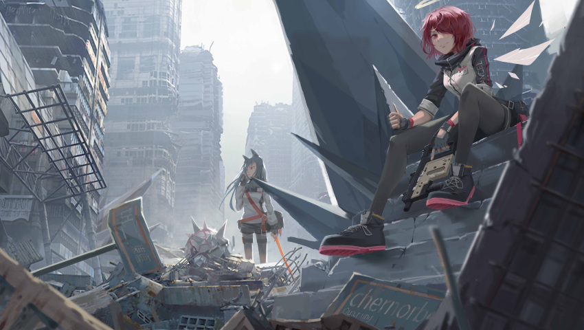 2girls absurdres angel animal_ears arknights city energy_wings exusiai_(arknights) fingerless_gloves gloves halo highres jacket jingshuitage multiple_girls red_hair scenery texas_(arknights) trigger_discipline white_jacket wolf_ears