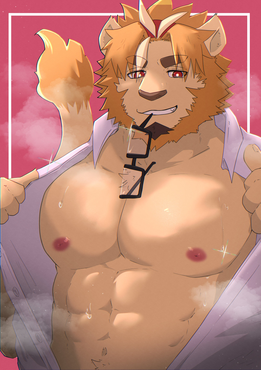 1boy abs absurdres animal_ears bara bare_pectorals dotsu_(wtnbkwiyd) eyewear_in_mouth facial_hair furry furry_male goatee highres indie_virtual_youtuber kinji_ninomiya lion_boy lion_ears lion_mane lion_tail looking_at_viewer male_focus mouth_hold partially_undressed pectorals pink_background red_eyes sparkle tail undressing