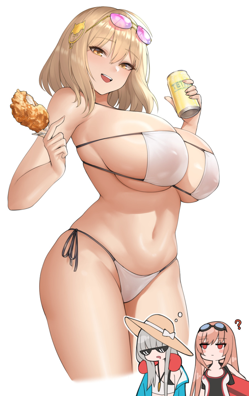 3girls ? absurdres ahoge anis_(nikke) bare_shoulders bikini black_one-piece_swimsuit blonde_hair blush_stickers breasts can cat_hair_ornament commentary cropped_legs eyepatch_bikini eyewear_on_head food fried_chicken frima_(nikke) frima_(sea_of_sloth)_(nikke) goddess_of_victory:_nikke goggles goggles_on_head hair_ornament hat highres holding holding_can holding_food huge_breasts jacket kurone_rinka light_brown_hair looking_at_viewer multiple_girls official_alternate_costume one-piece_swimsuit open_clothes open_jacket open_mouth pink-tinted_eyewear rapi_(nikke) red_eyes simple_background smile string_bikini sun_hat sunglasses swimsuit teeth thighs tinted_eyewear underboob upper_teeth_only white_background white_bikini