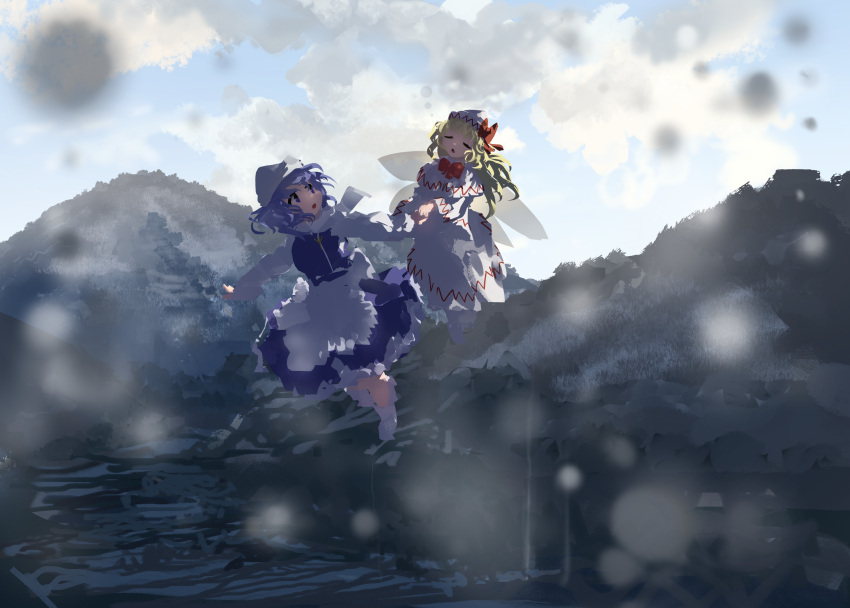 2girls absurdres apron blonde_hair blue_eyes blue_skirt blue_vest capelet closed_eyes day fairy fairy_wings hat highres letty_whiterock lily_white long_hair multiple_girls open_mouth outdoors purple_hair scarf shirt short_hair skirt touhou ushitsuchi vest waist_apron white_apron white_capelet white_headwear white_scarf white_shirt white_skirt wings