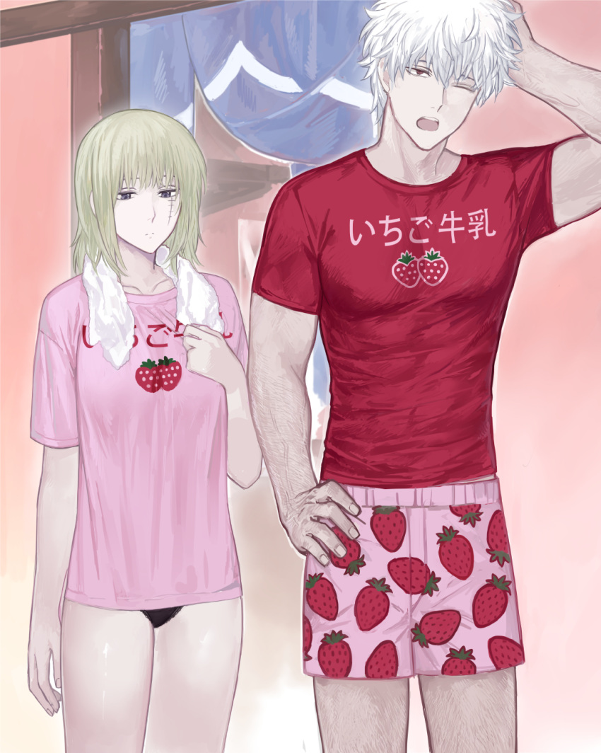 1boy 1girl black_panties blonde_hair boxers food_print gintama hand_on_own_head hand_on_own_hip highres indoors male_underwear open_mouth panties pink_male_underwear pink_shirt purple_eyes red_eyes red_shirt sakata_gintoki scar scar_on_cheek scar_on_face shirt short_sleeves strawberry_print teeth towel towel_around_neck tsukuyo_(gintama) underwear upper_teeth_only veins veiny_arms white_hair yawning zakirsiz